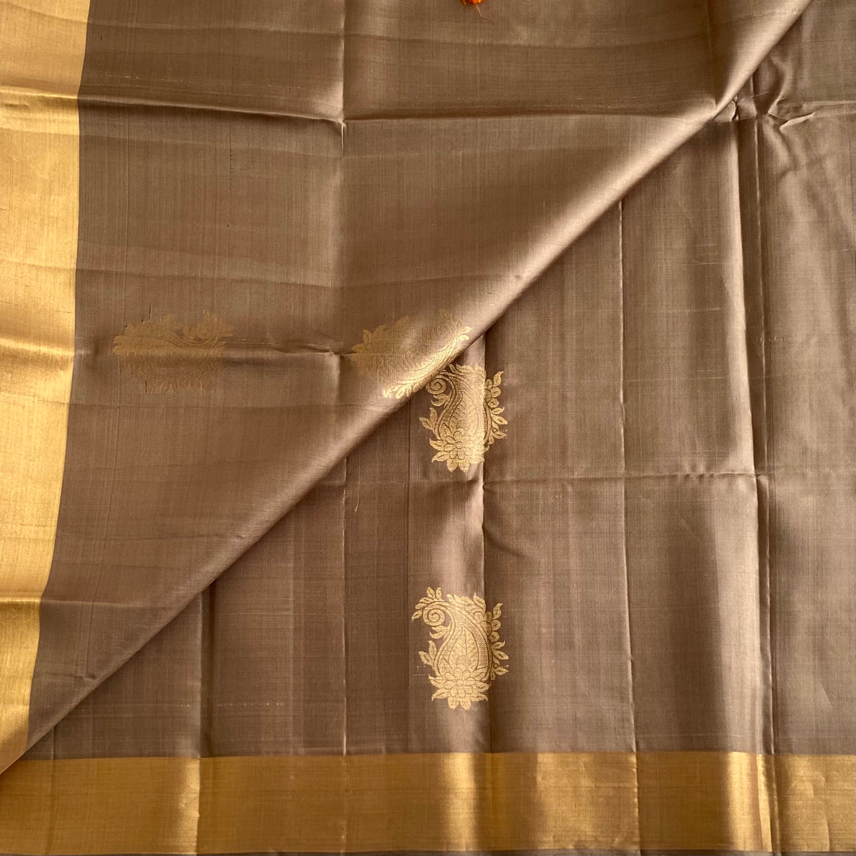 Taupe Brown Designer Pure Silk Saree With Sunset Orange Pallu