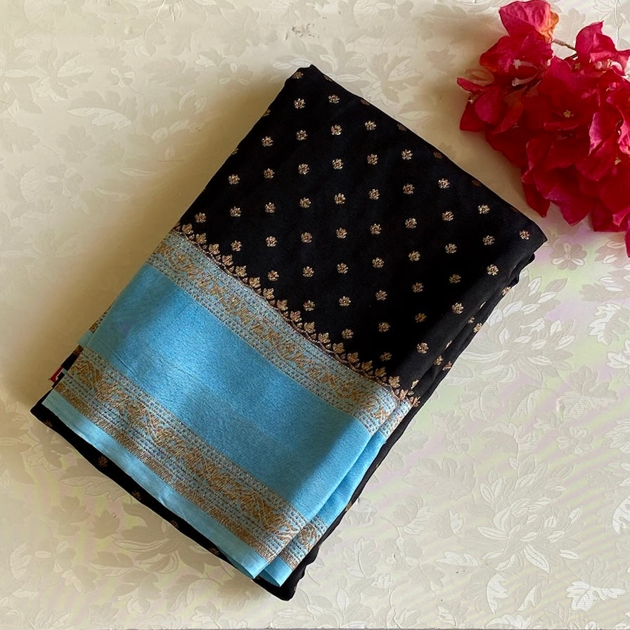 Banarasi Crepe Silk Obsidian Black Saree With Turquoise Blue