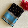 Banarasi Crepe Silk Obsidian Black Saree With Turquoise Blue