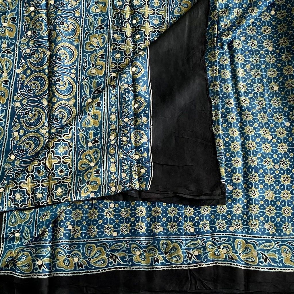 Denim Blue Ajrakh Handblock Printed Silk with Mirror Handwork With Jet Black Border