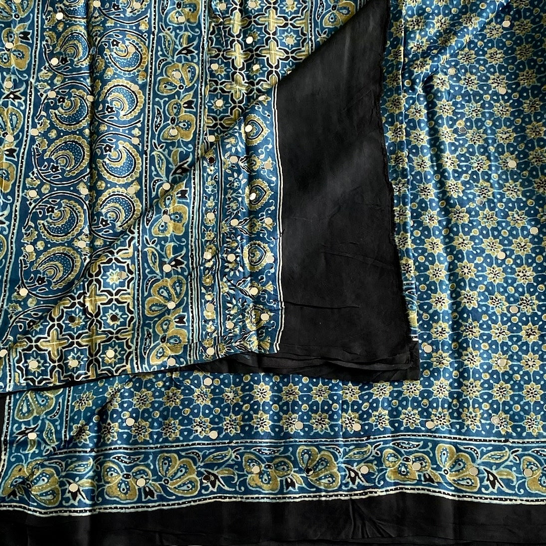Denim Blue Ajrakh Handblock Printed Silk with Mirror Handwork With Jet Black Border
