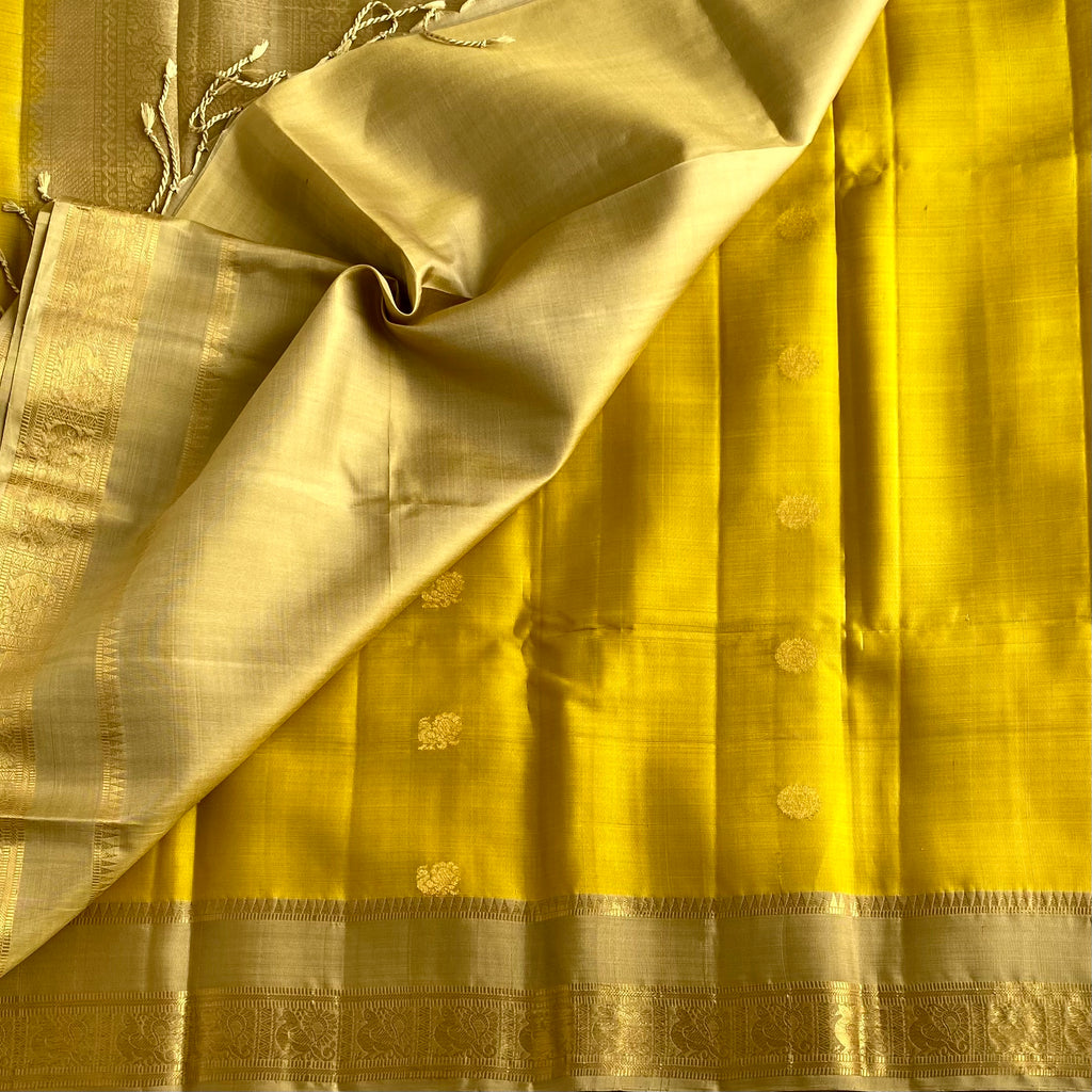 Mustard Yellow & Antique Gold Designer Pure Silk Saree With Zari Buttas