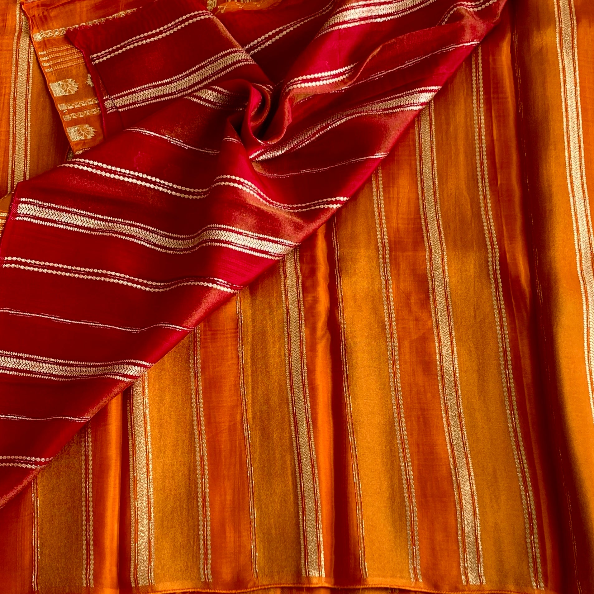 Saffron Orange Zari Striped Saree With Gold Floral Motifs