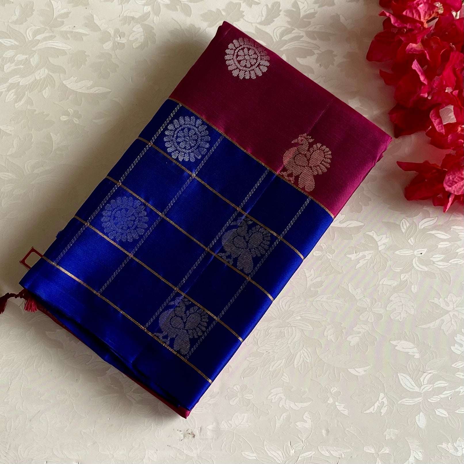 Berry Pink Designer Pure Silk Saree With Lapis Blue Pallu