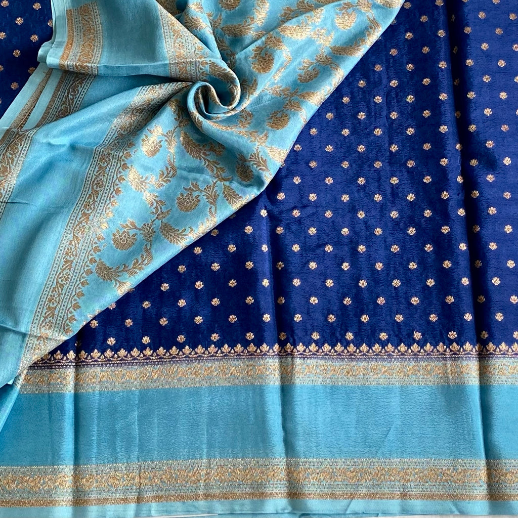 Royal Blue Banarasi Crepe Silk Saree With Sky Blue Pallu
