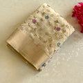 Pale Ivory Floral Embroidered Saree With Beige Zari Border Elegant