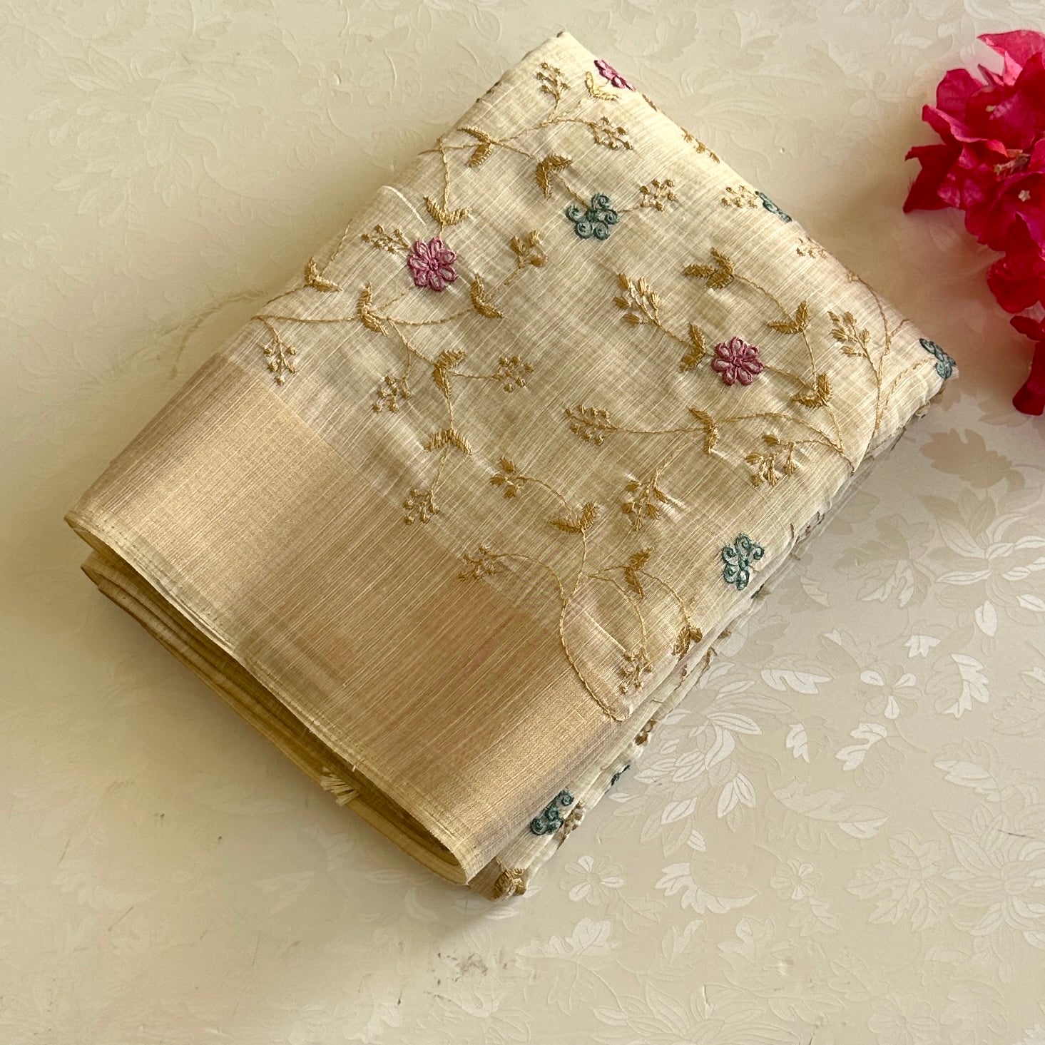 Pale Ivory Floral Embroidered Saree With Beige Zari Border Elegant
