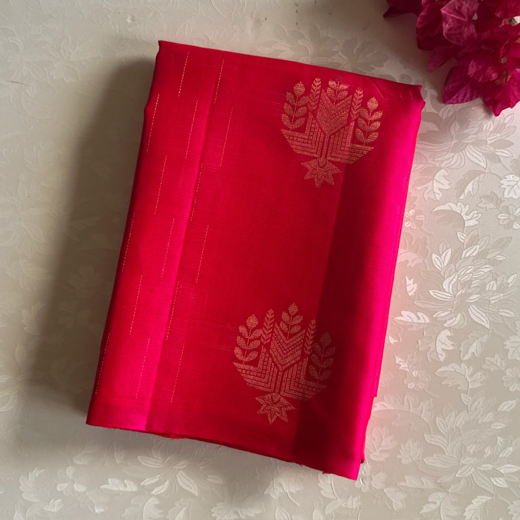 Hot Pink Woven Saree Silver Pallu Antique Gold Zari Floral Buta