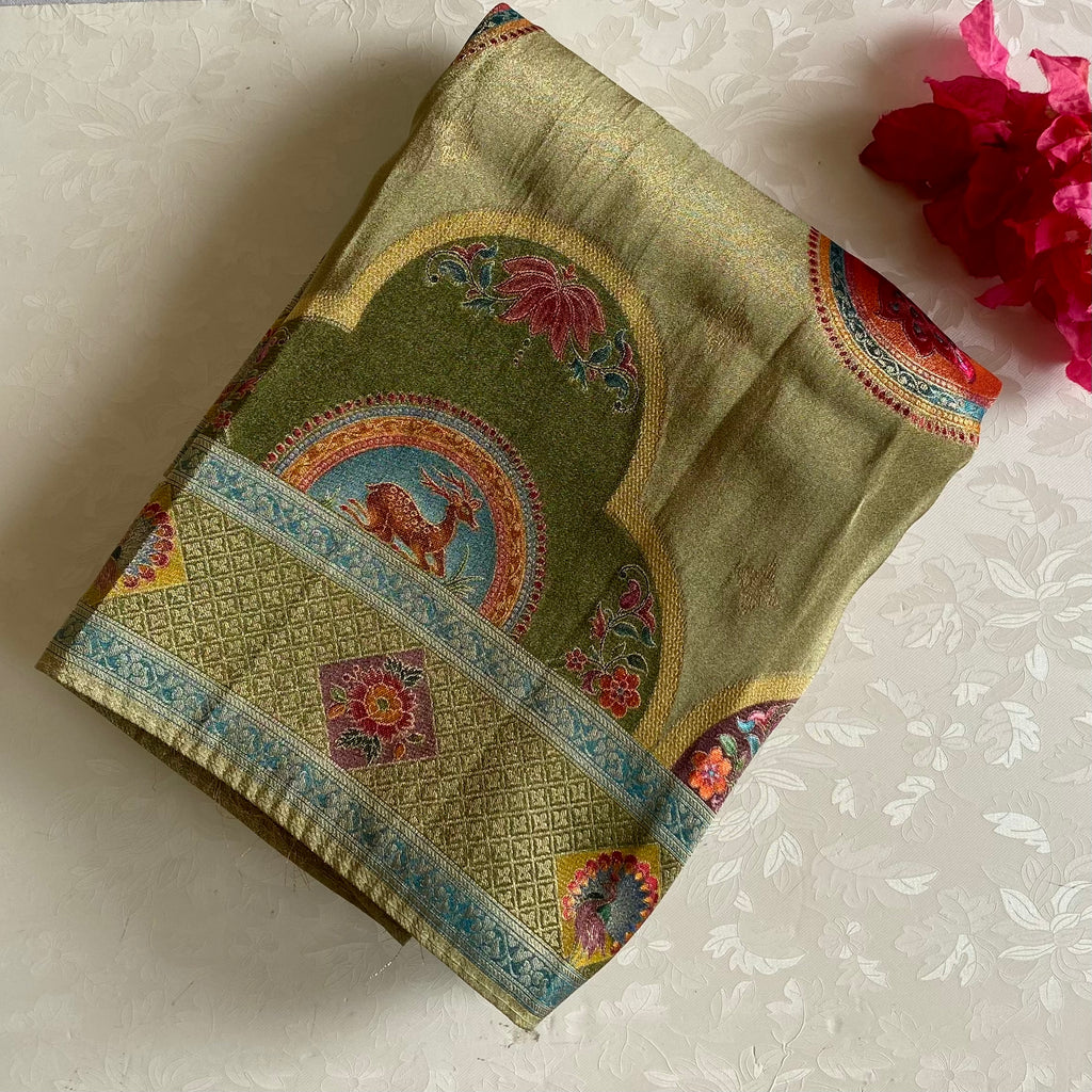 Designer Tissue Silk with Meenakari Weave In Shades of Pastel Green