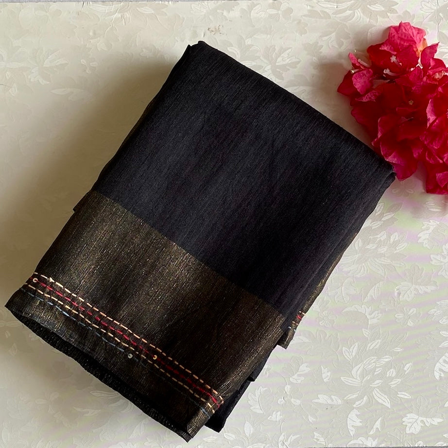 Charcoal Black Soft Tussar Silk Saree With Crimson Red Embroidery