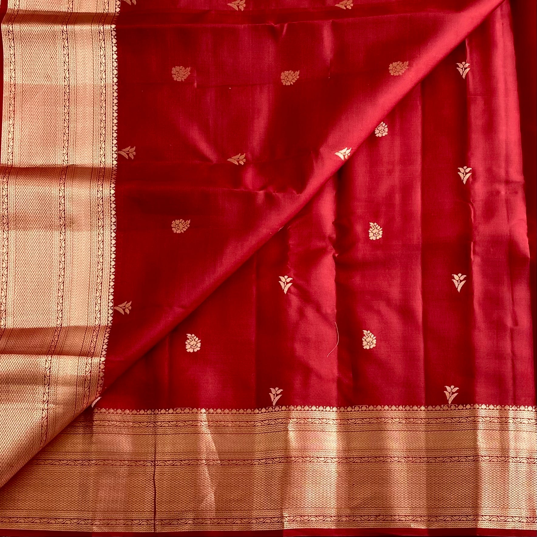 Brick Red Designer Pure Silk Saree With And Antique Gold
