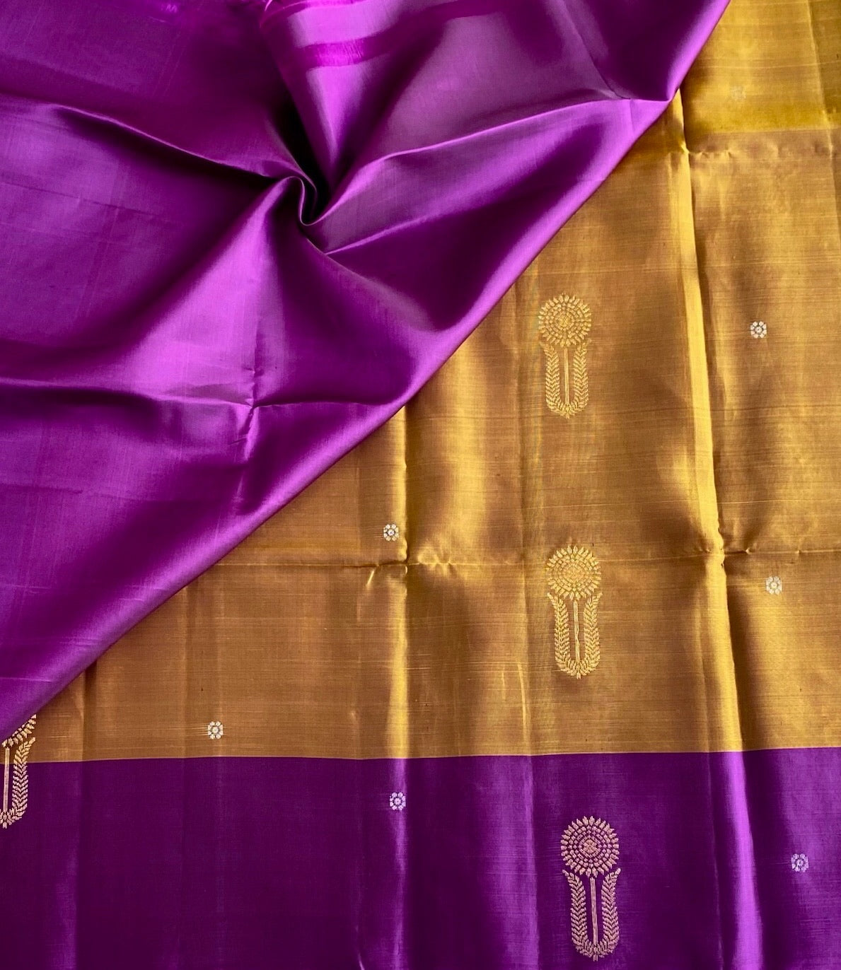 Royal Purple Designer Pure Silk Saree With Mustard Gold Contrast