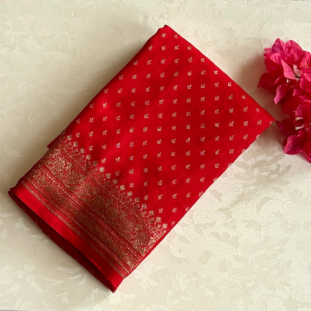 Scarlet Saree with Gold Zari Brocade Pallu and Ornate Border