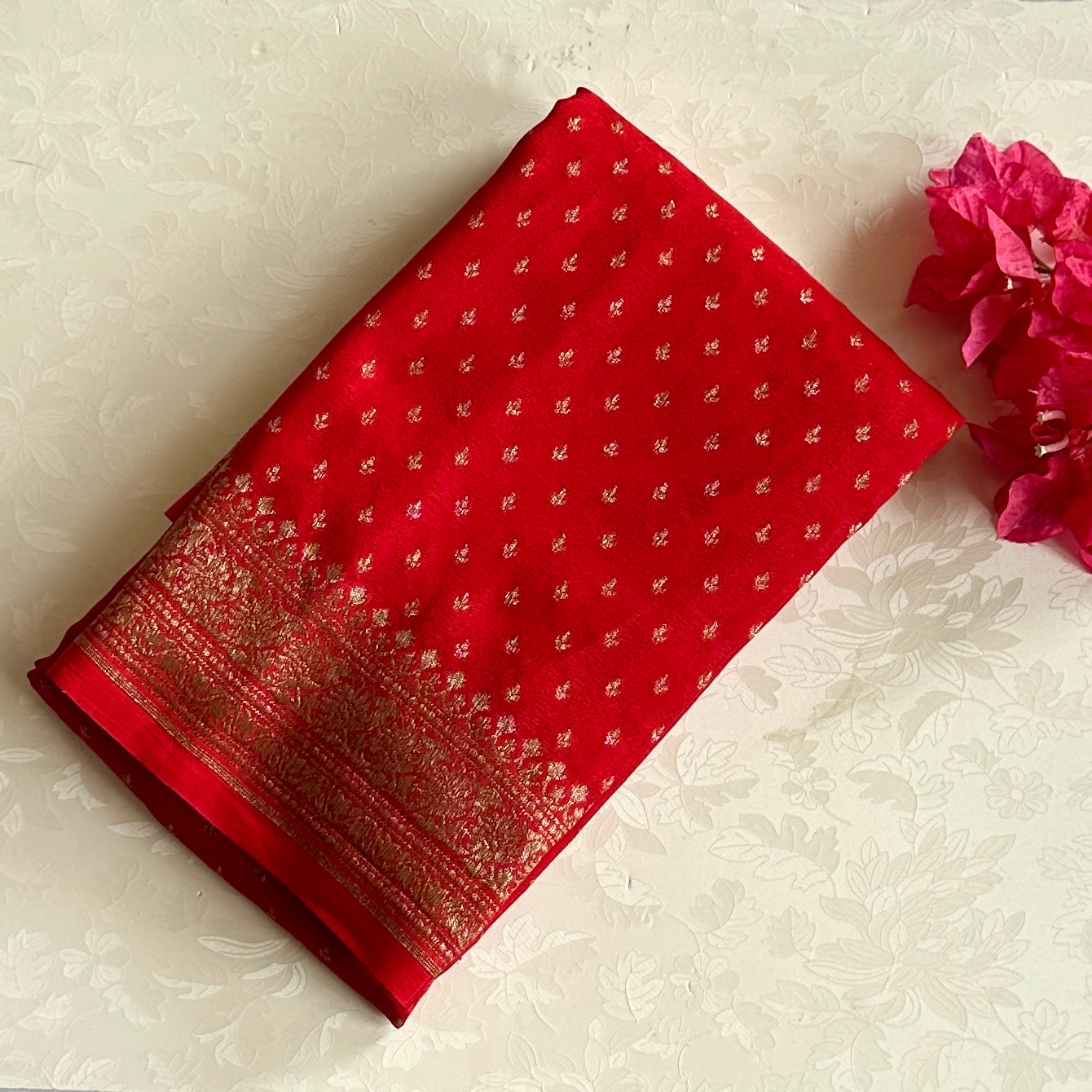 Scarlet Saree with Gold Zari Brocade Pallu and Ornate Border