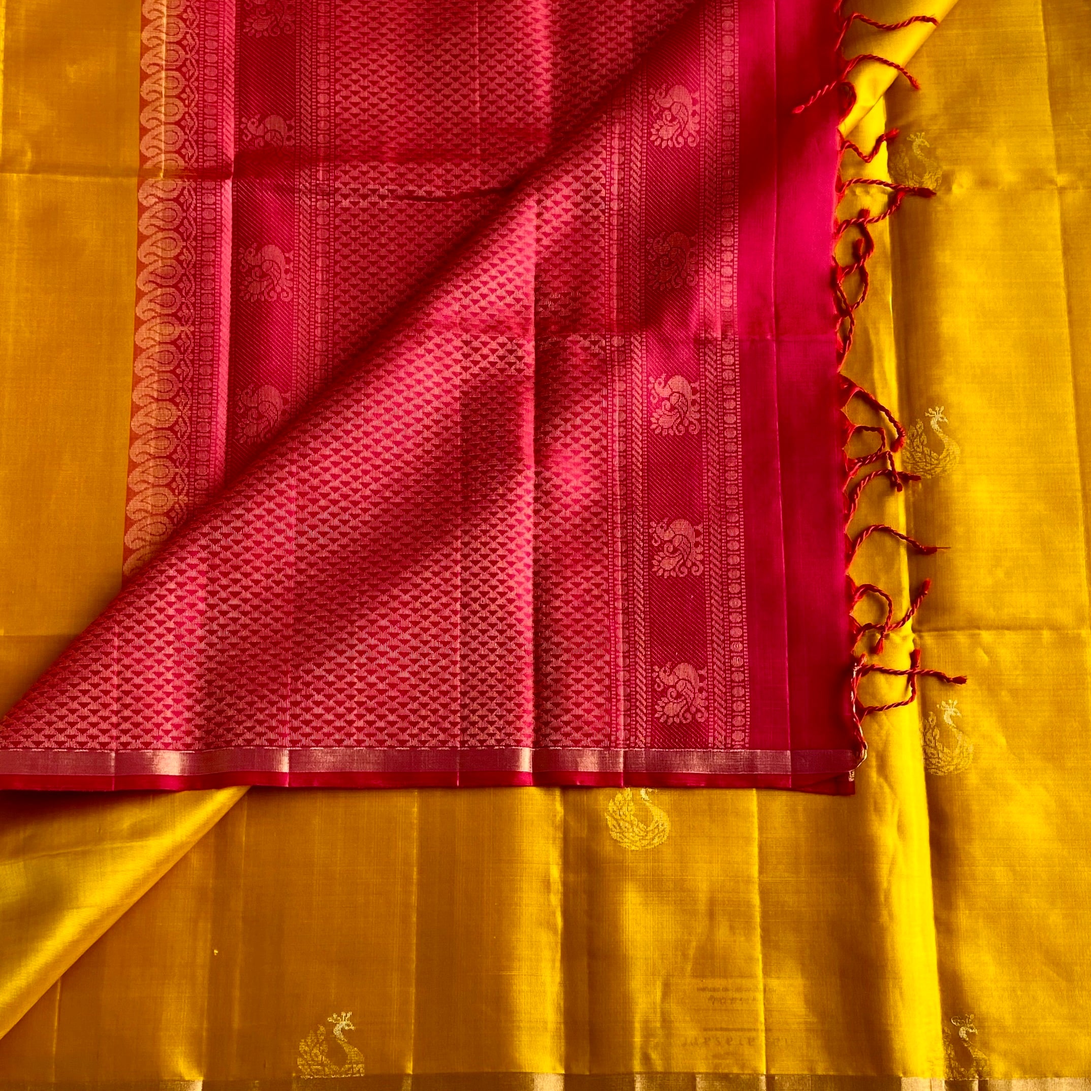 Mustard Yellow Designer Pure Silk Saree With Rani Pink Pallu