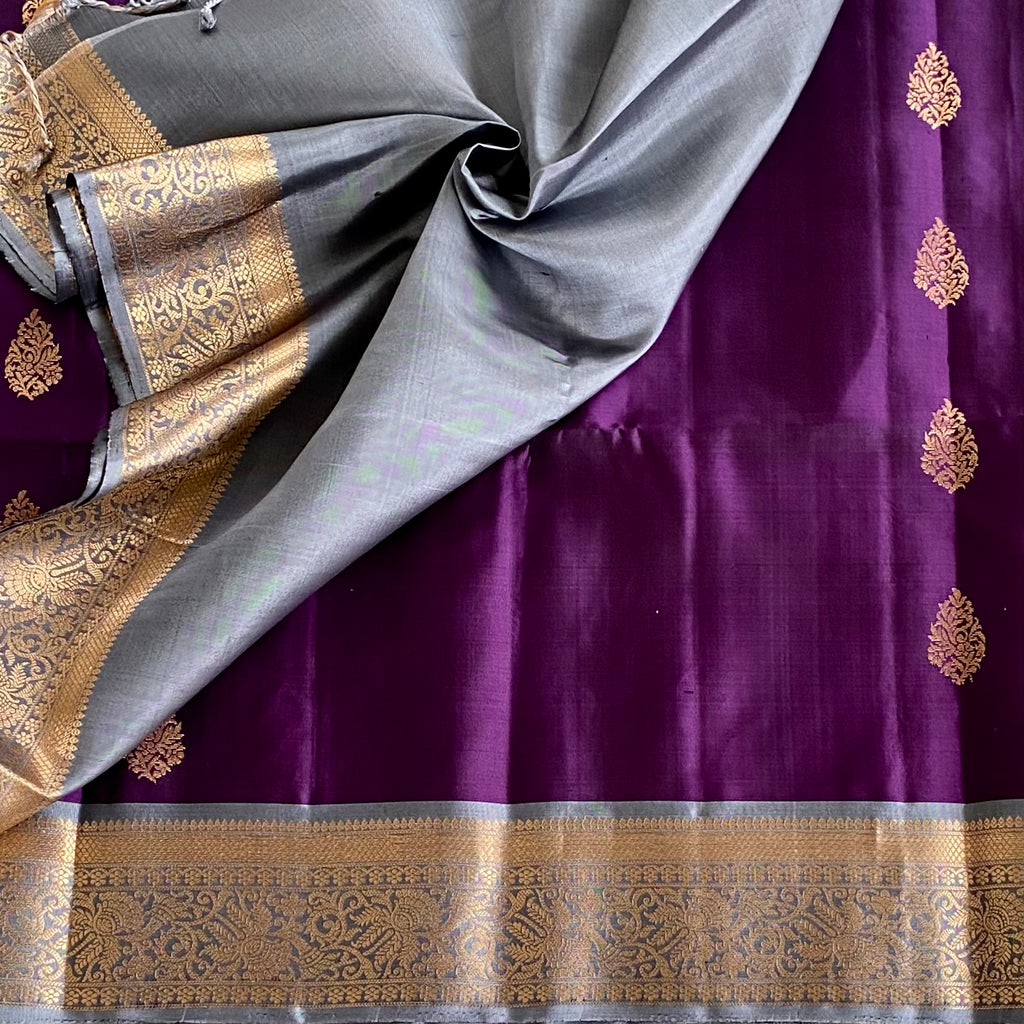 Deep Purple Designer Pure Silk Saree With Metallic Gold Pallu