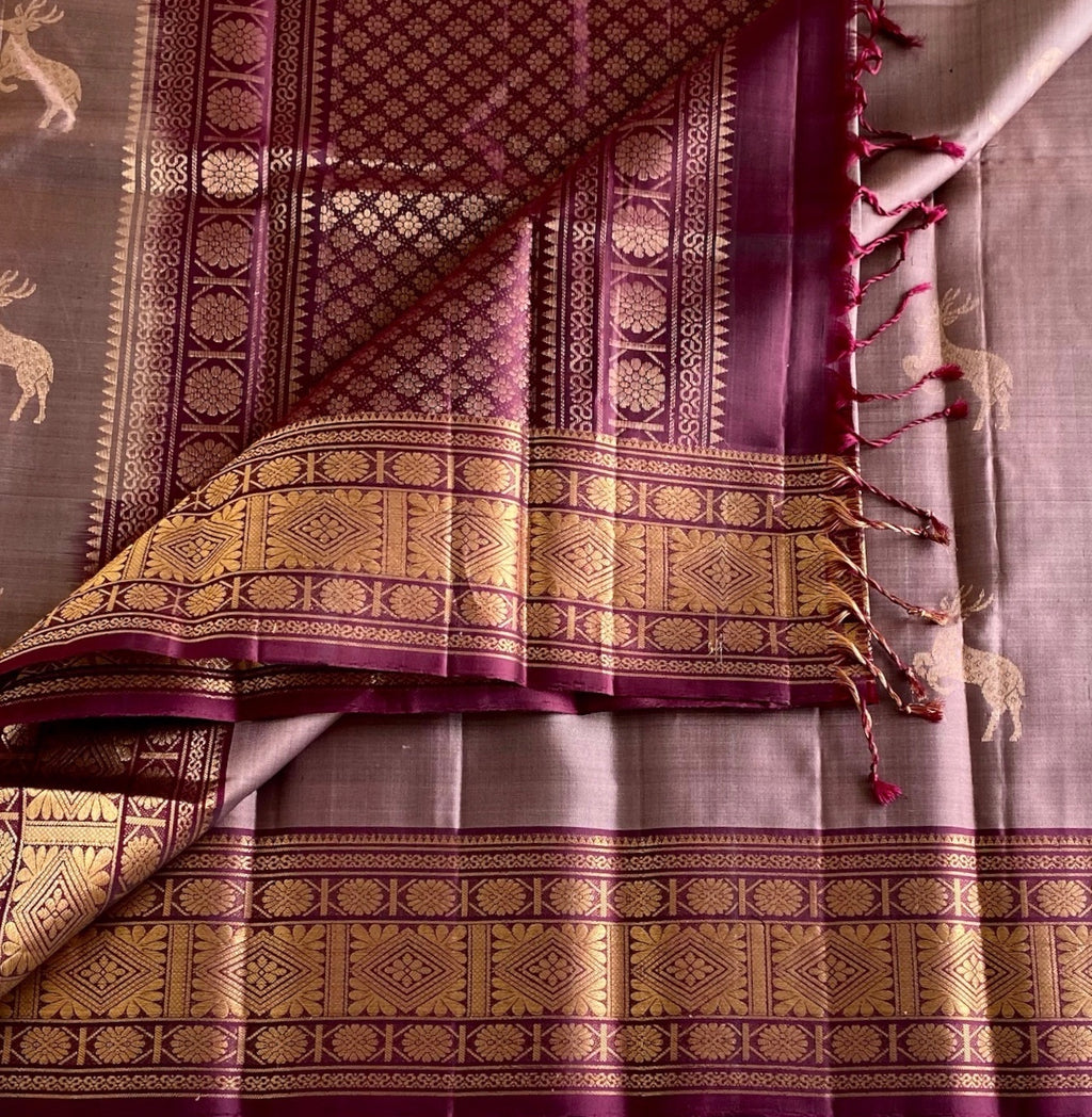 Taupe Designer Pure Silk Saree With Burgundy Pallu And Gold Zari