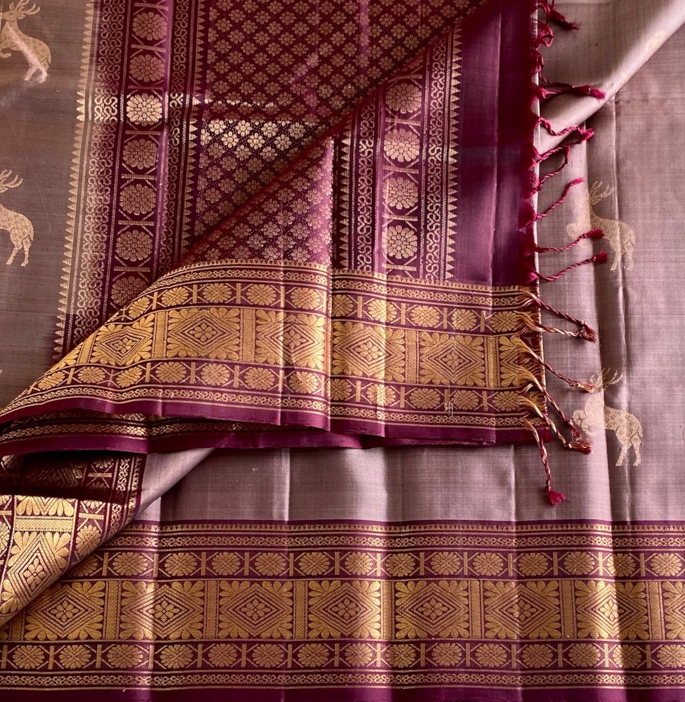 Taupe Designer Pure Silk Saree With Burgundy Pallu And Gold Zari