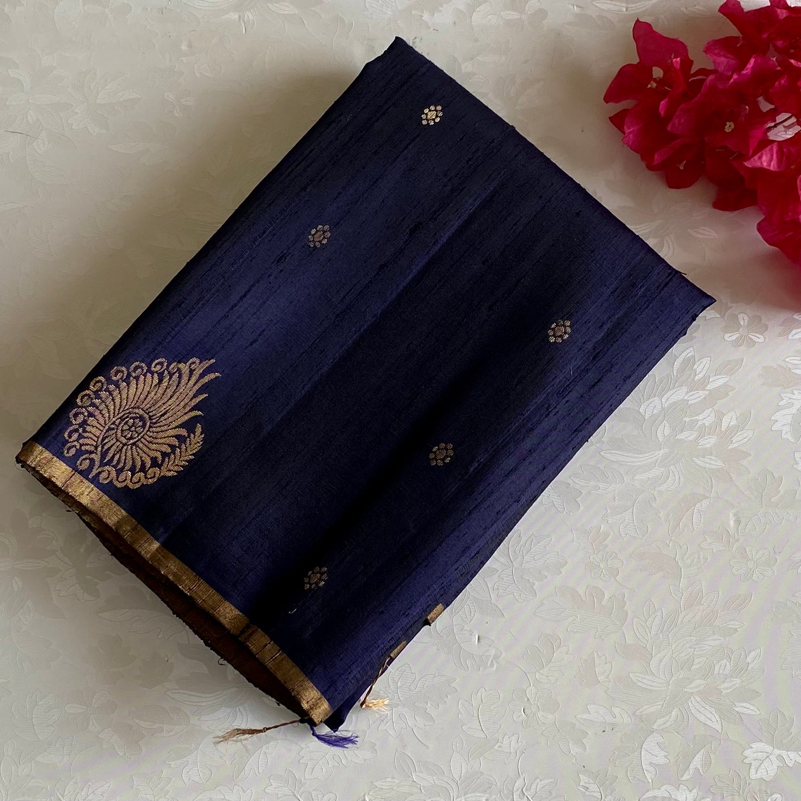 Navy Blue Designer Pure Raw Silk Saree With Golden Yellow Contrast Blouse