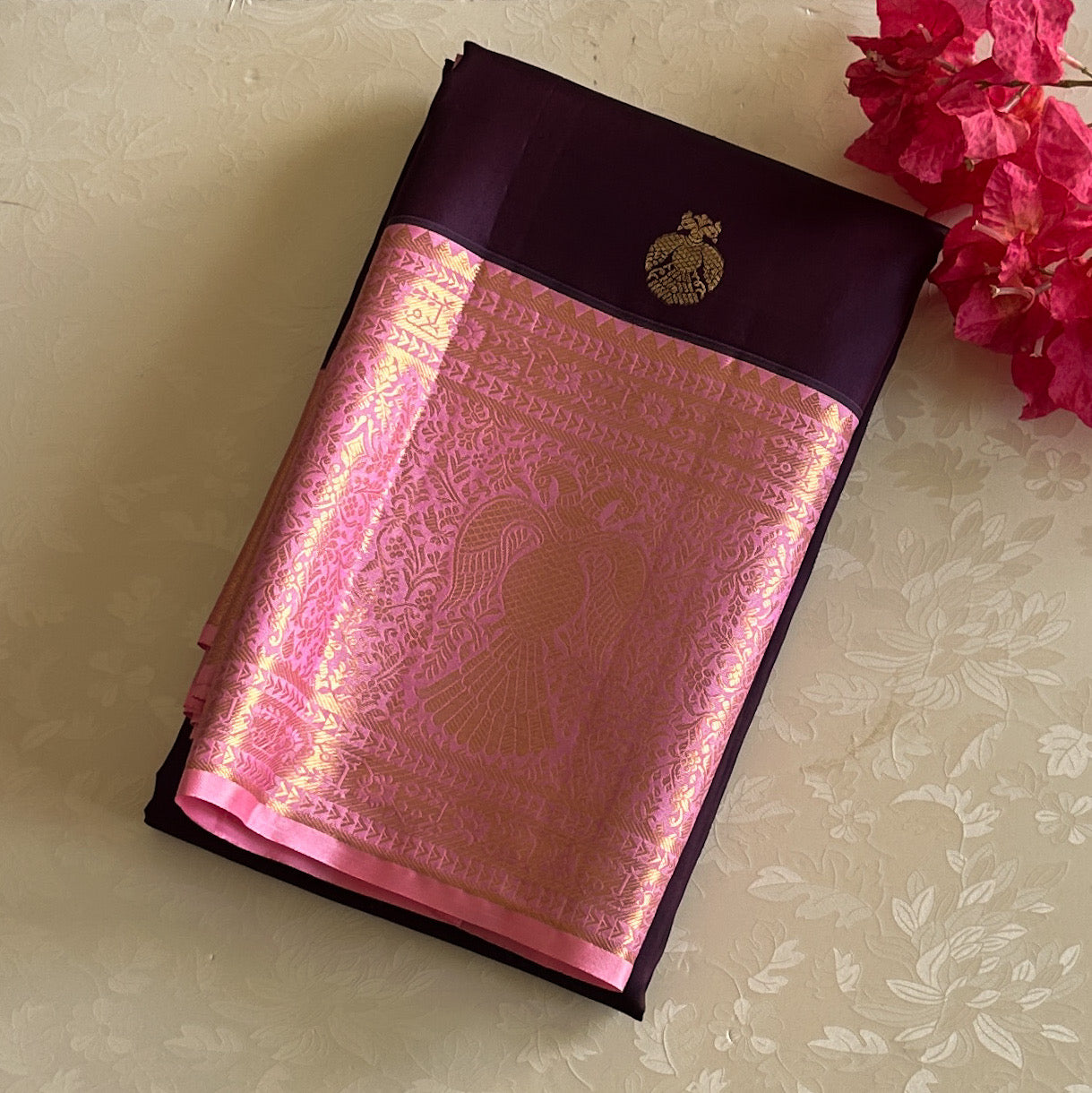 Regal Handwowen Masterweave Collective - Deep Purple with Rose Pink Kanjeevaram With Pure Zari Stunner
