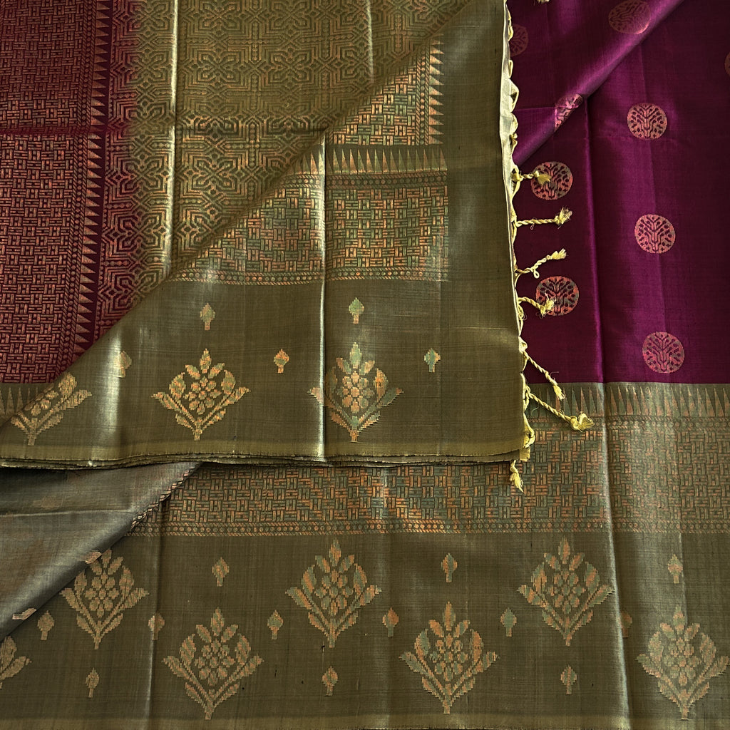 Sage Green Silk Saree Antique Gold Brocade Magenta Pallu Design