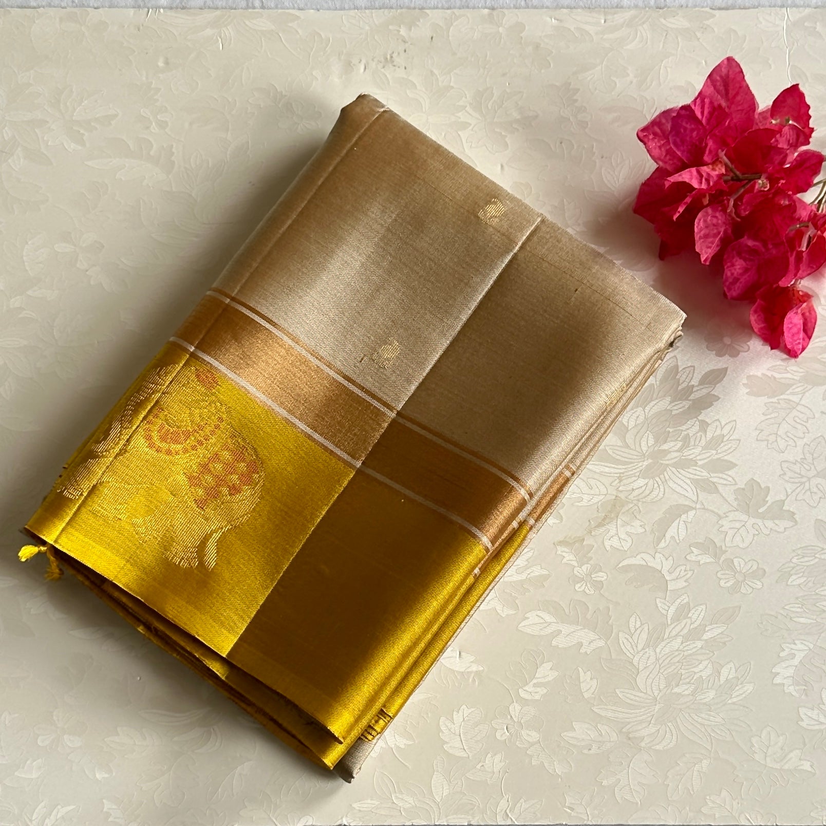 Shades of Beige • mango yellow on Designer pure silk that comes with elephant borders