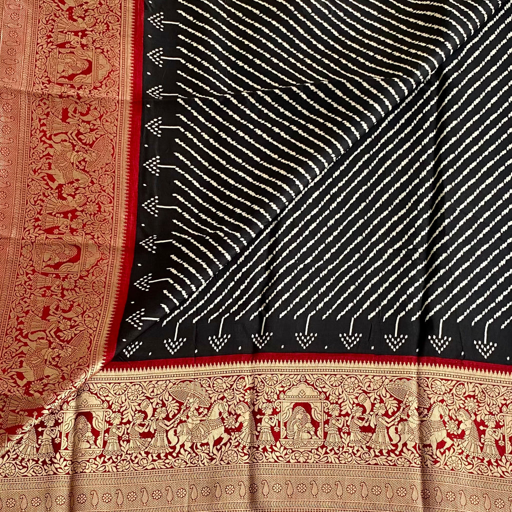 Jet Black Premium Soft Tussar Silk Saree With Deep Maroon Pallu