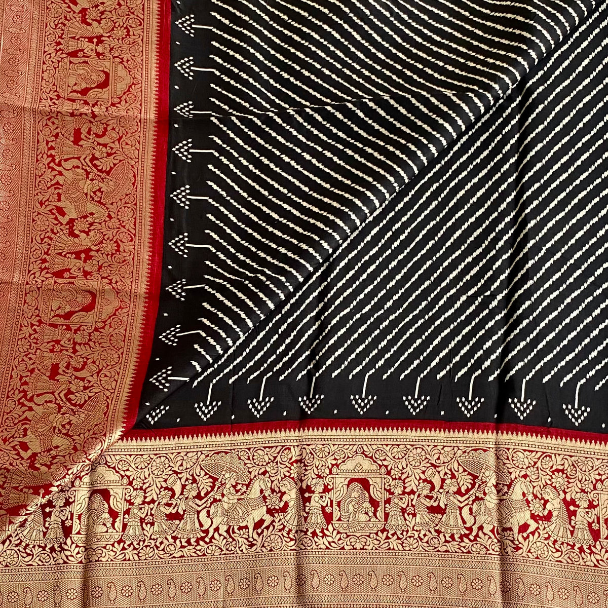 Jet Black Premium Soft Tussar Silk Saree With Deep Maroon Pallu