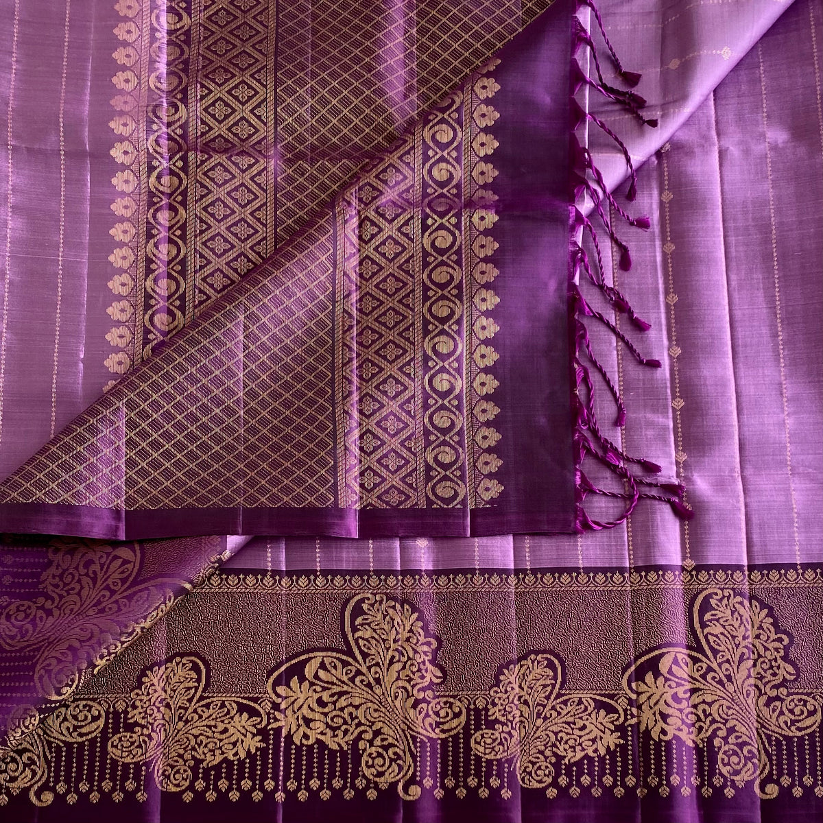 Metallic Lavender Designer Pure Silk Saree With Deep Plum Pallu