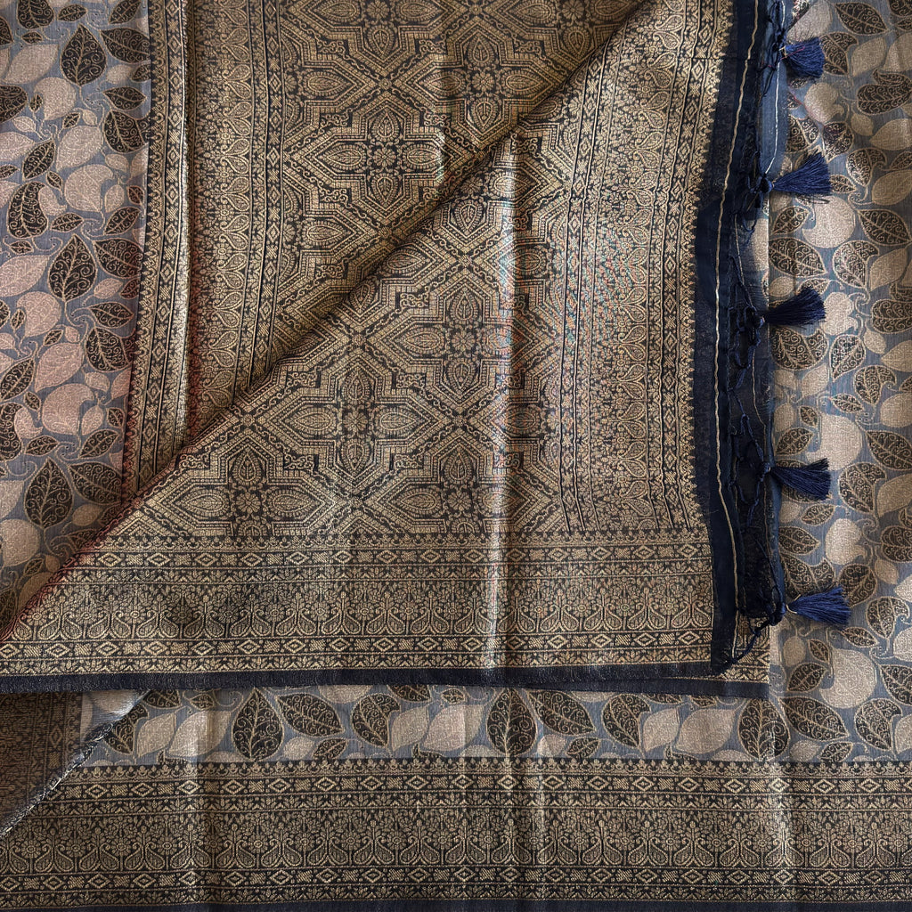 Navy Blue Gold Brocade Saree Geometric Medallion Leaf Motif