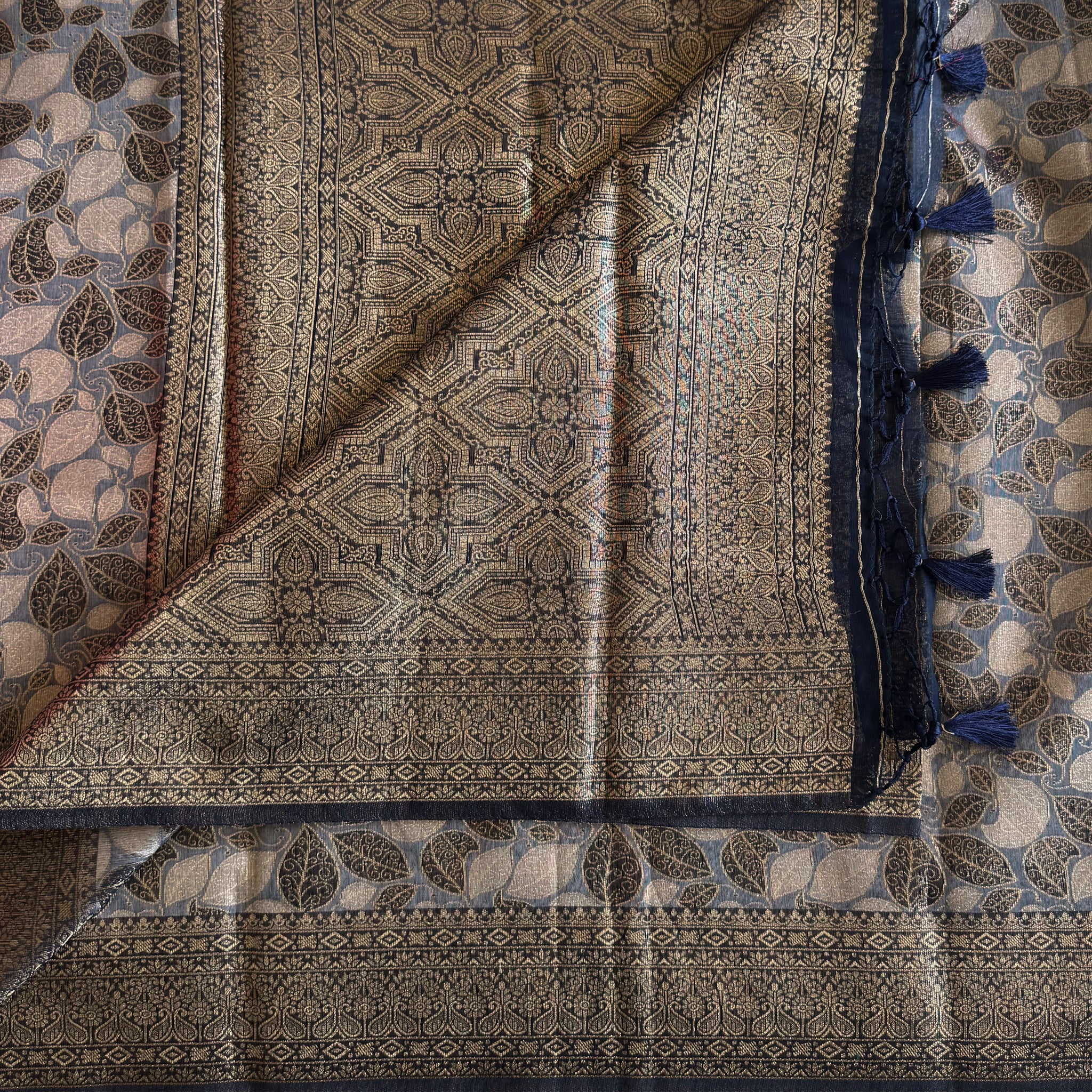 Navy Blue Gold Brocade Saree Geometric Medallion Leaf Motif