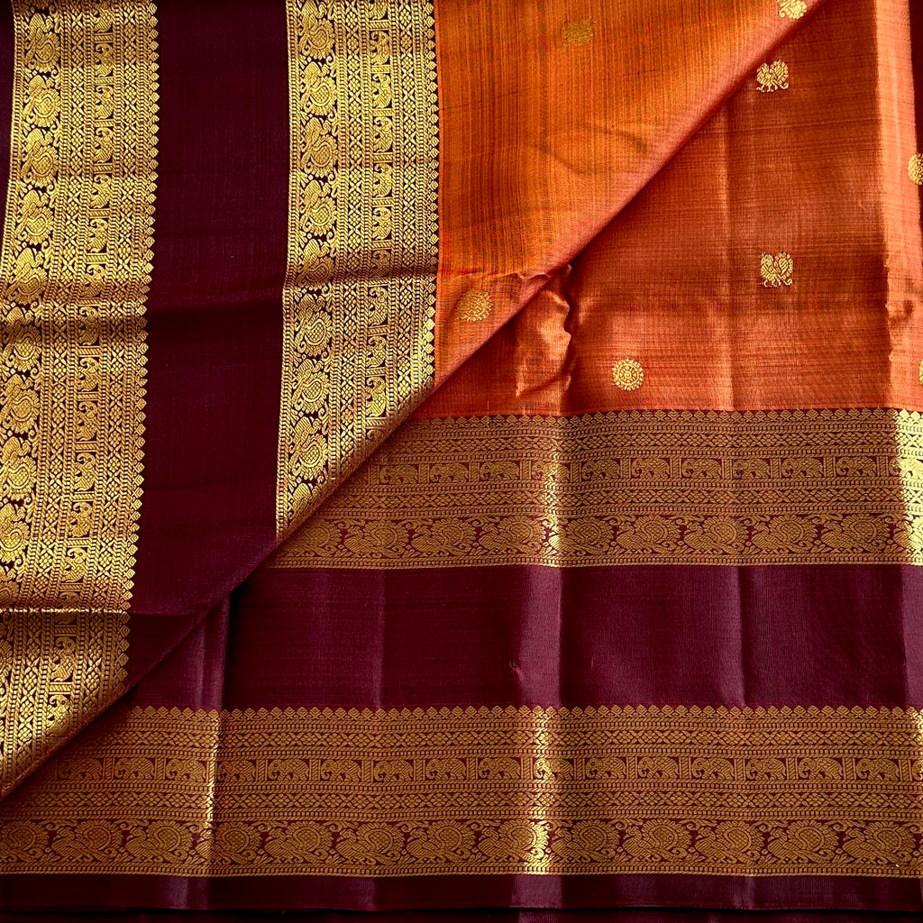 Burnt Orange Oxblood Maroon Gold Zari Traditional Wedding Elegant Saree