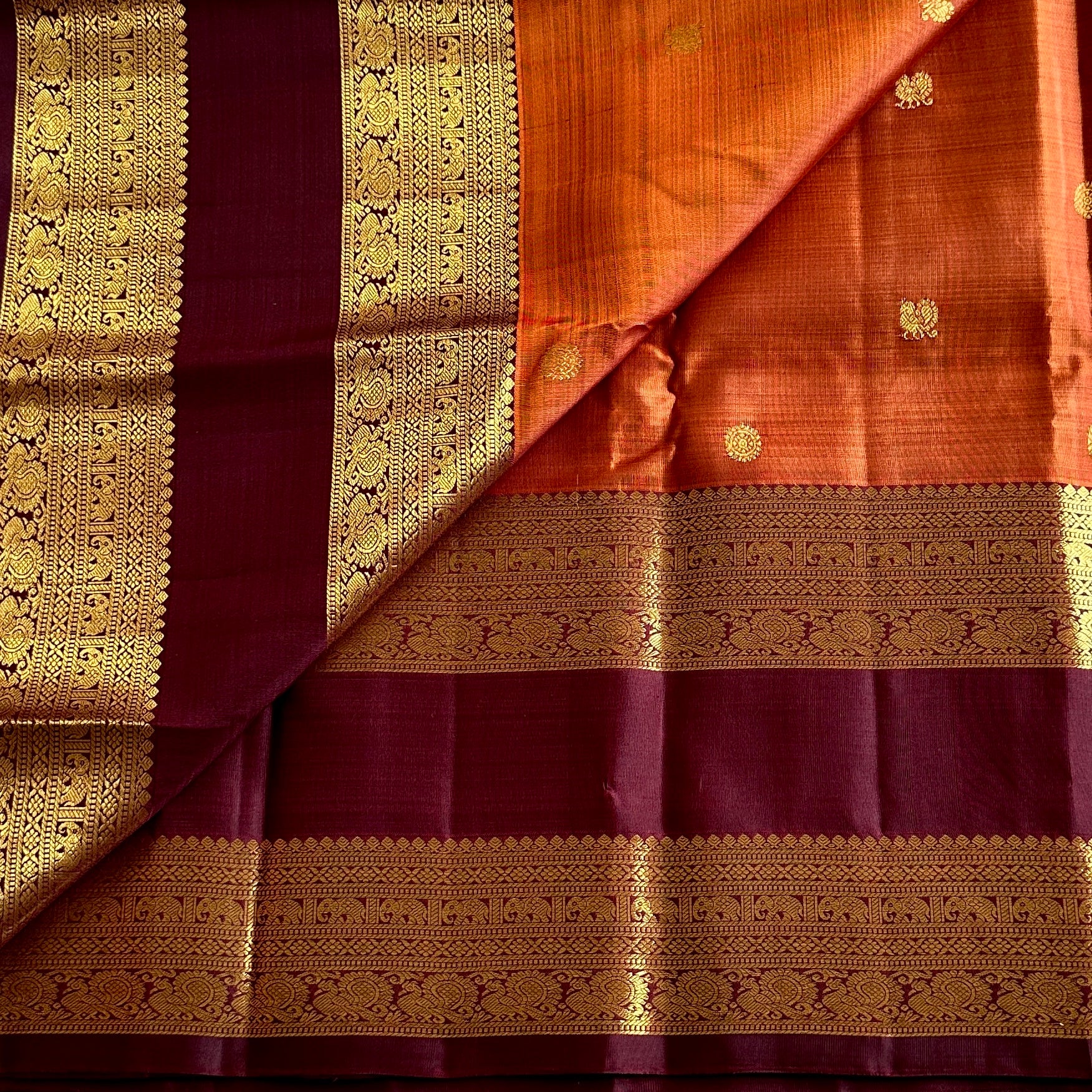 Burnt Orange Oxblood Maroon Gold Zari Traditional Wedding Elegant Saree
