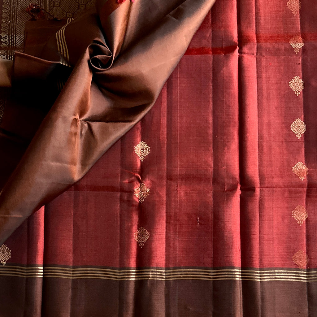 Oxblood Silk Saree Bronze Pallu Gold Zari Geometric Weave Traditional