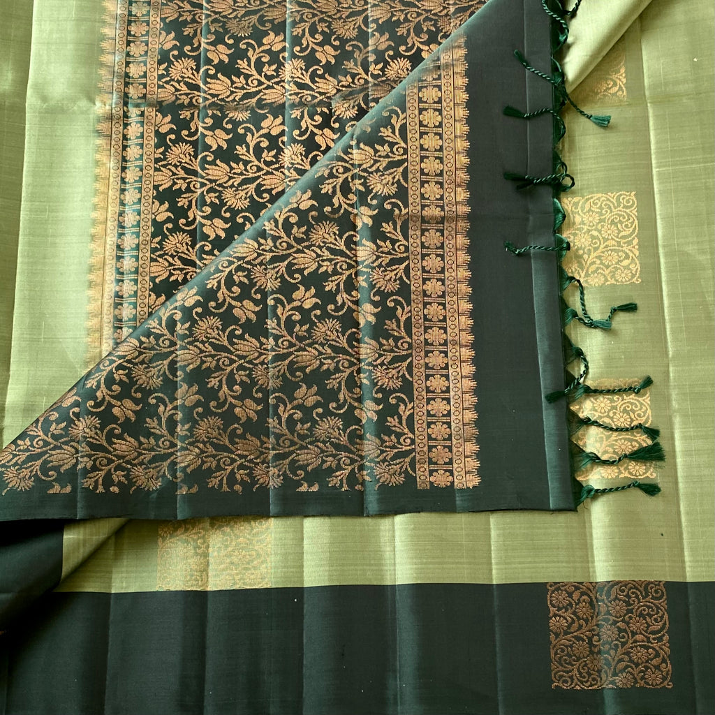 Vintage metallic green with deep Forest green designer, pure silk