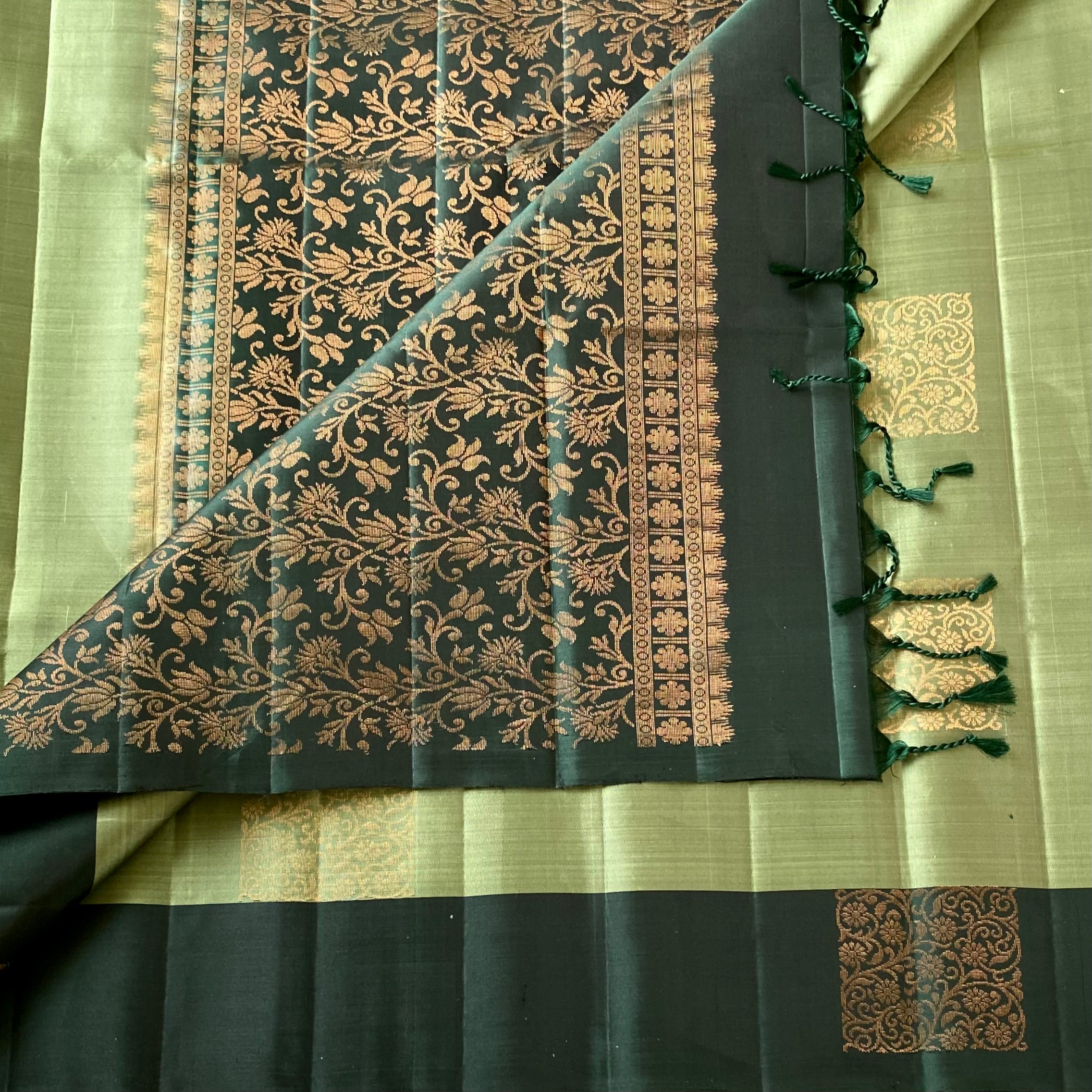 Vintage metallic green with deep Forest green designer, pure silk