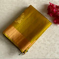 Mustard Yellow Designer Pure Silk Saree Peacock Blue Pallu Gold Border