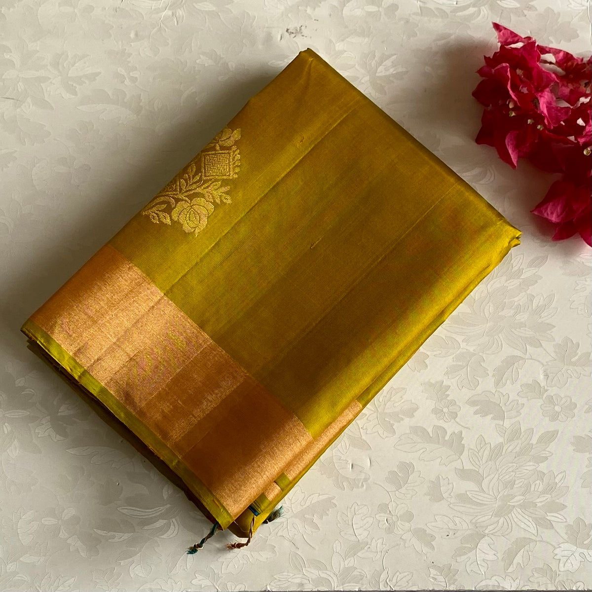 Mustard Yellow Designer Pure Silk Saree Peacock Blue Pallu Gold Border