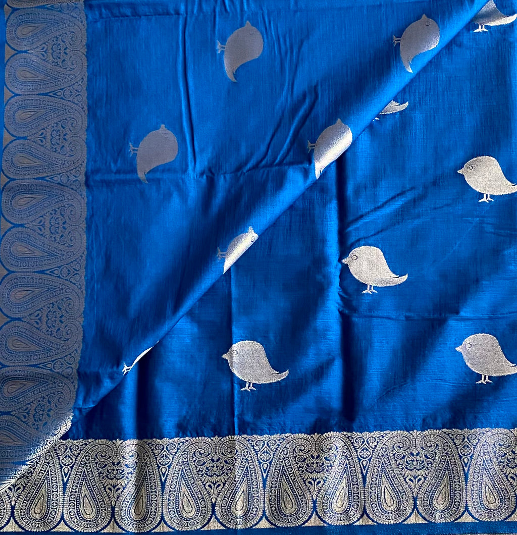 Royal Blue Silk Saree Silver Paisley Border Bird Motif Pallu