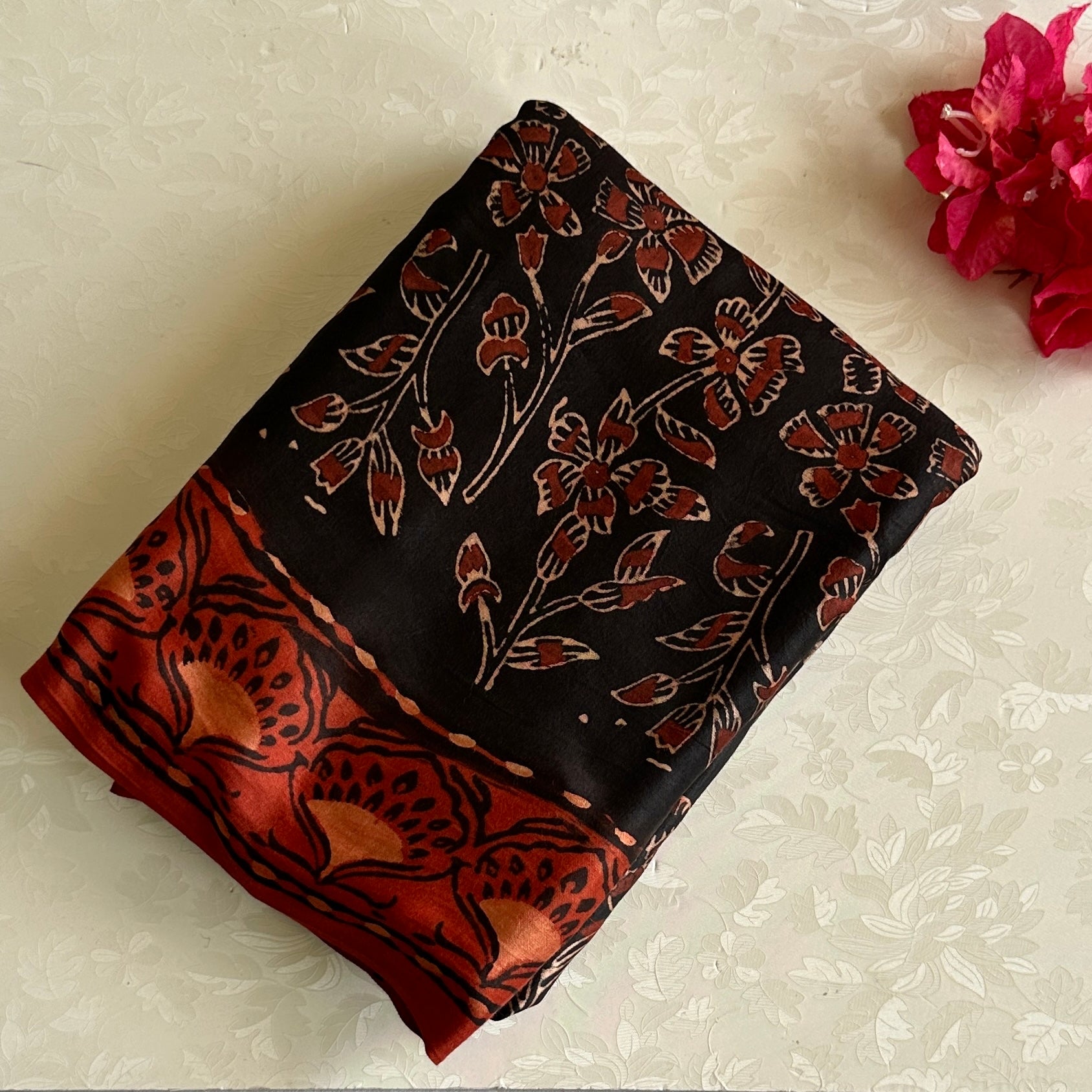 Jet Black Ajrakh Handblock Printed Silk Saree With burnt orange