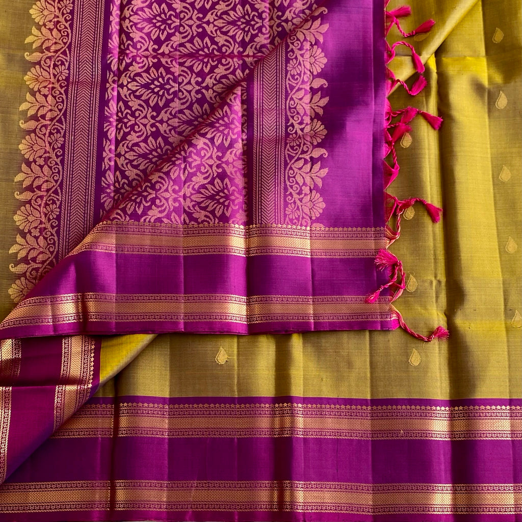 Dipped in Tradition • Dual Shaded Olive with Rich Magenta Designer Pure Silk
