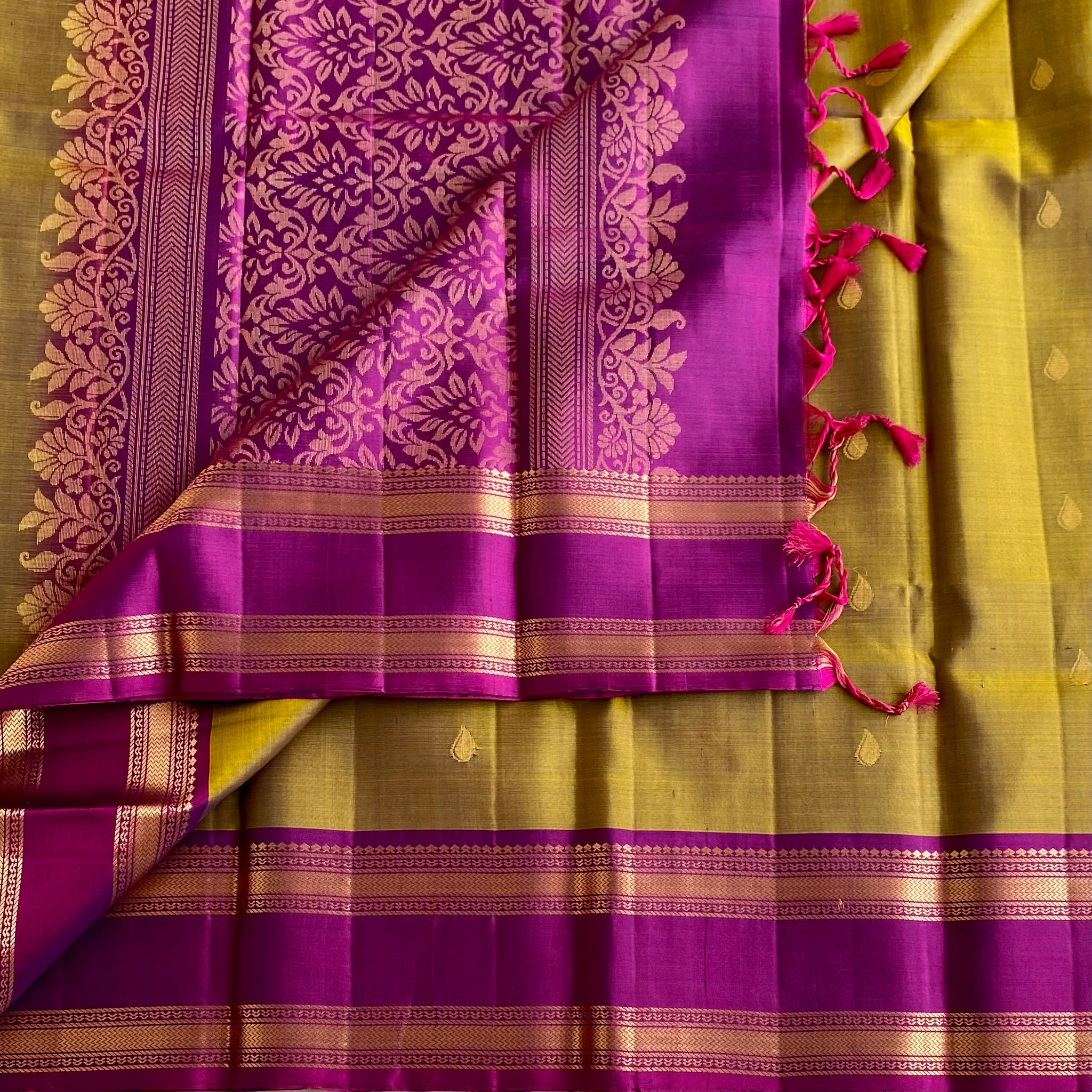 Dipped in Tradition • Dual Shaded Olive with Rich Magenta Designer Pure Silk