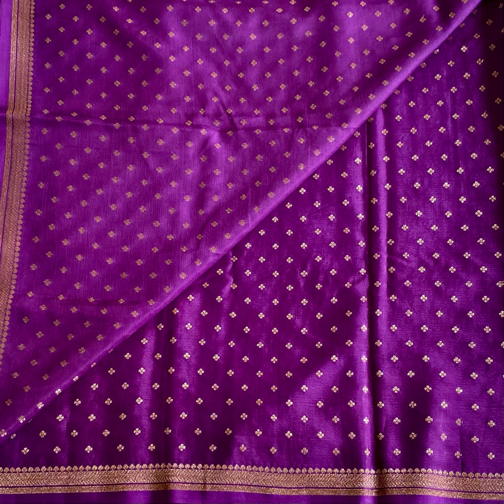 Royal Purple And Antique Gold Banarasi Crepe Silk Saree With Woven Pallu