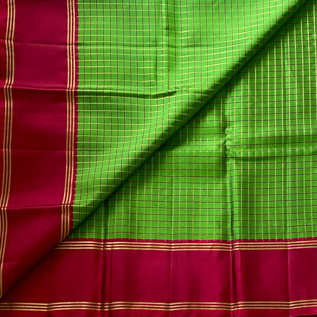 Checkered Traditional Green with Deep Magenta Contrast Designer Pure Silk