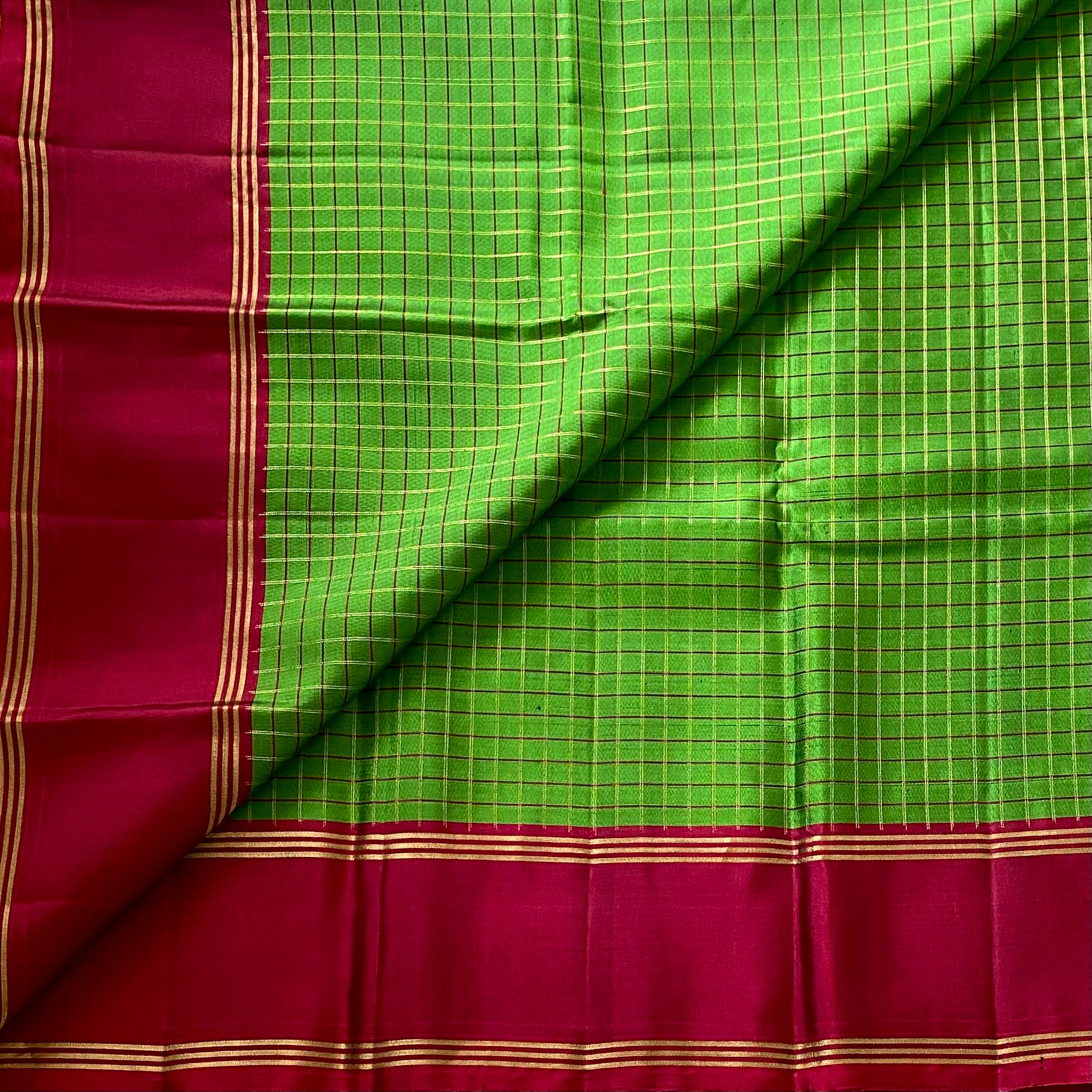 Checkered Traditional Green with Deep Magenta Contrast Designer Pure Silk