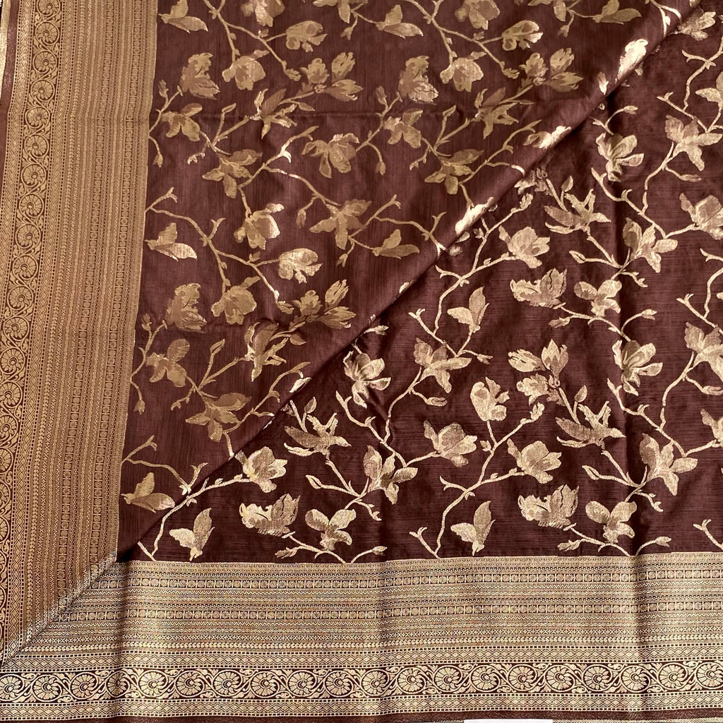 Chestnut Brown Soft Tussar Silk Saree With Antique Gold Pallu