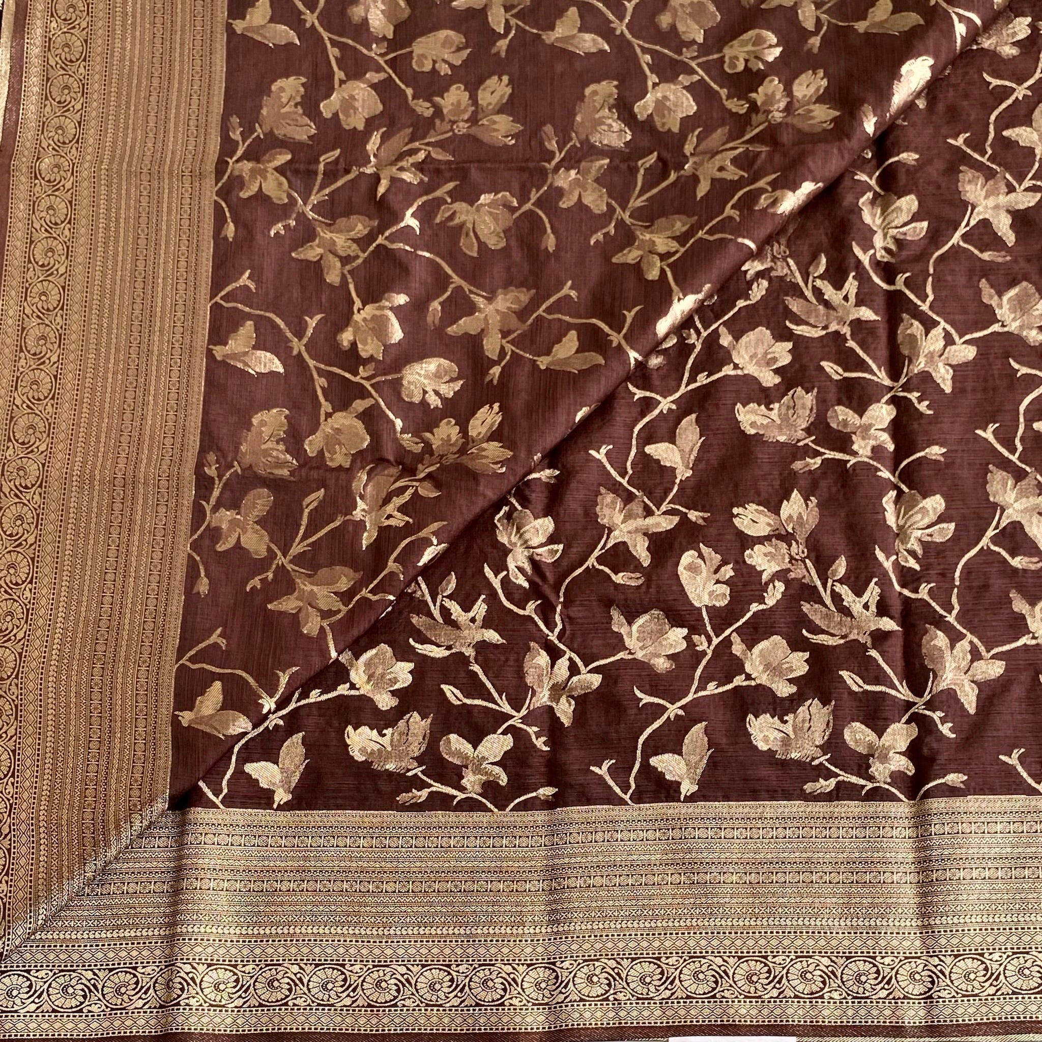 Chestnut Brown Soft Tussar Silk Saree With Antique Gold Pallu