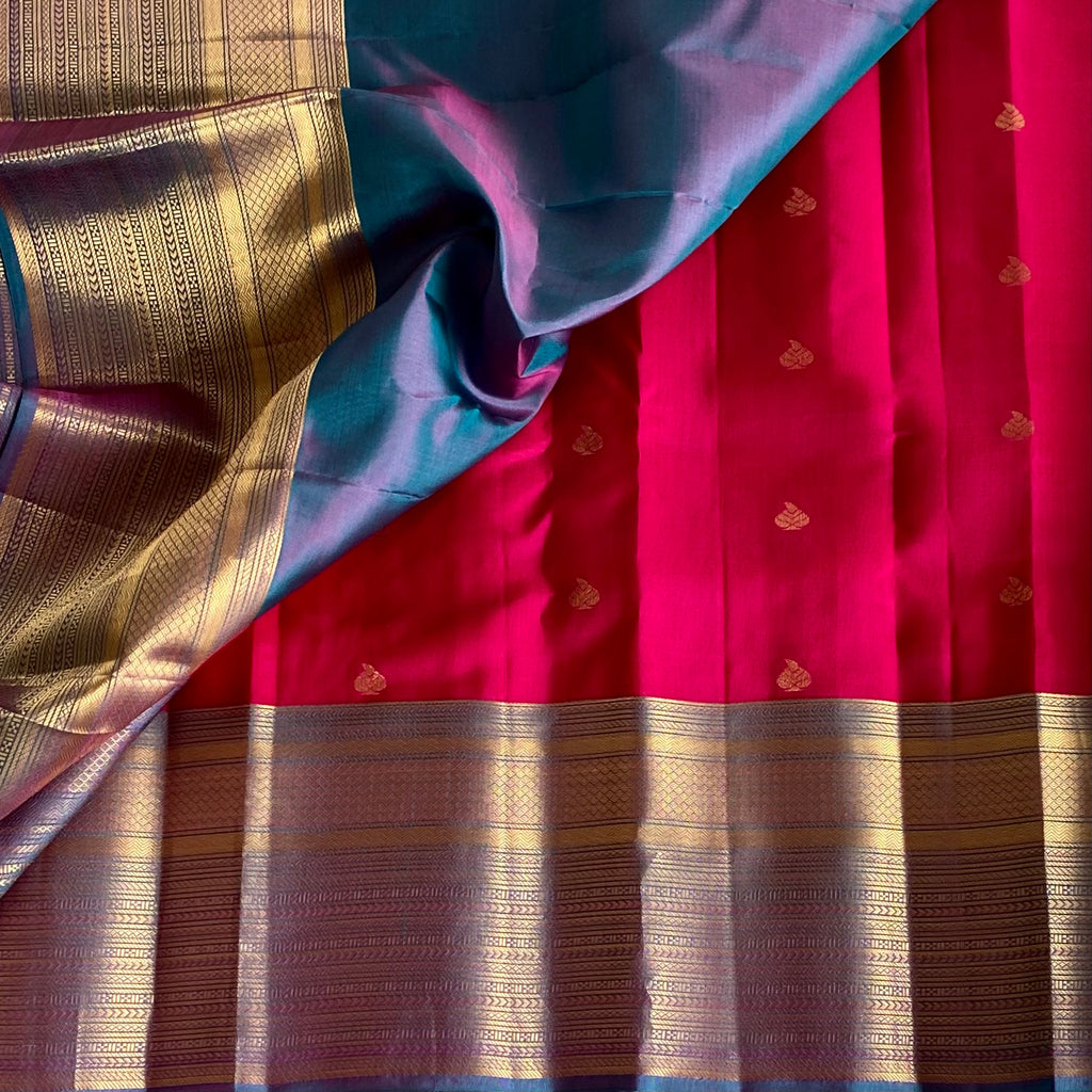 Bronze Brown Designer Pure Silk Saree With Rani Pink Pallu