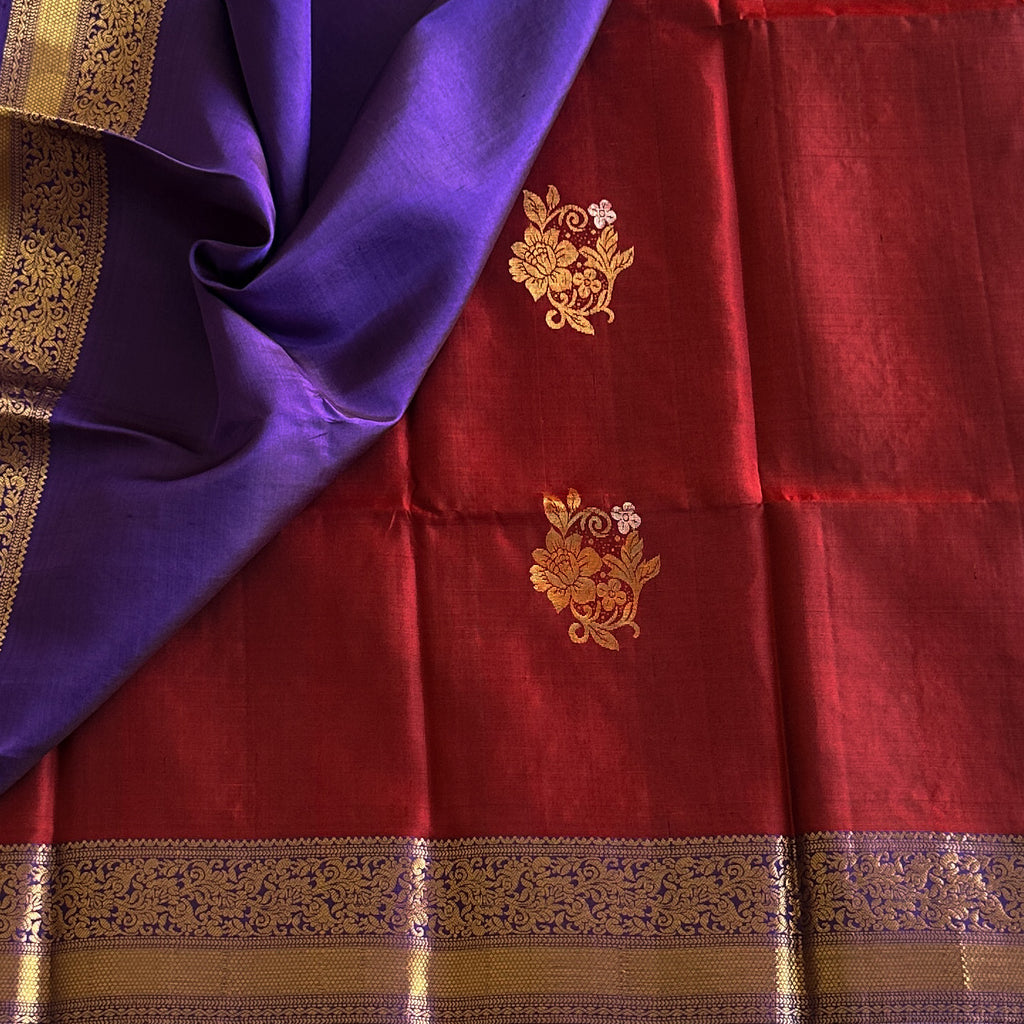 Maroon Purple Zari Saree With Gold Brocade Border For Weddings