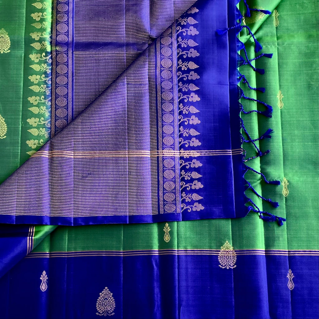 Jewel Tone Green with Royal Blue Designer Pure Silk Saree